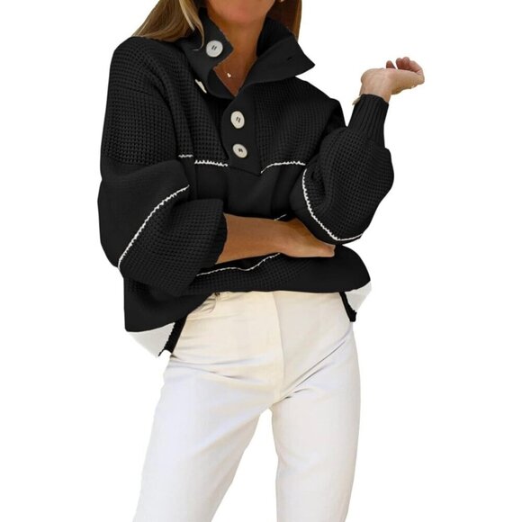Sweaters - Women's Waffle Knit Sweater Oversized Striped Pullover Turtleneck Casual